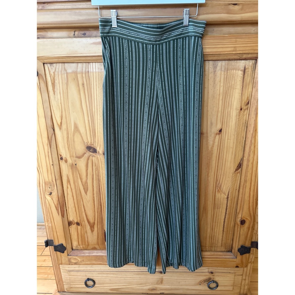 Three Dots Womens Olive Green White Chevron Stripe Wide Leg Pants Small Pockets